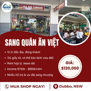 Sang quán ăn đông khách ở Dubbo - thu nhập cao, có bảo lãnh visa 482